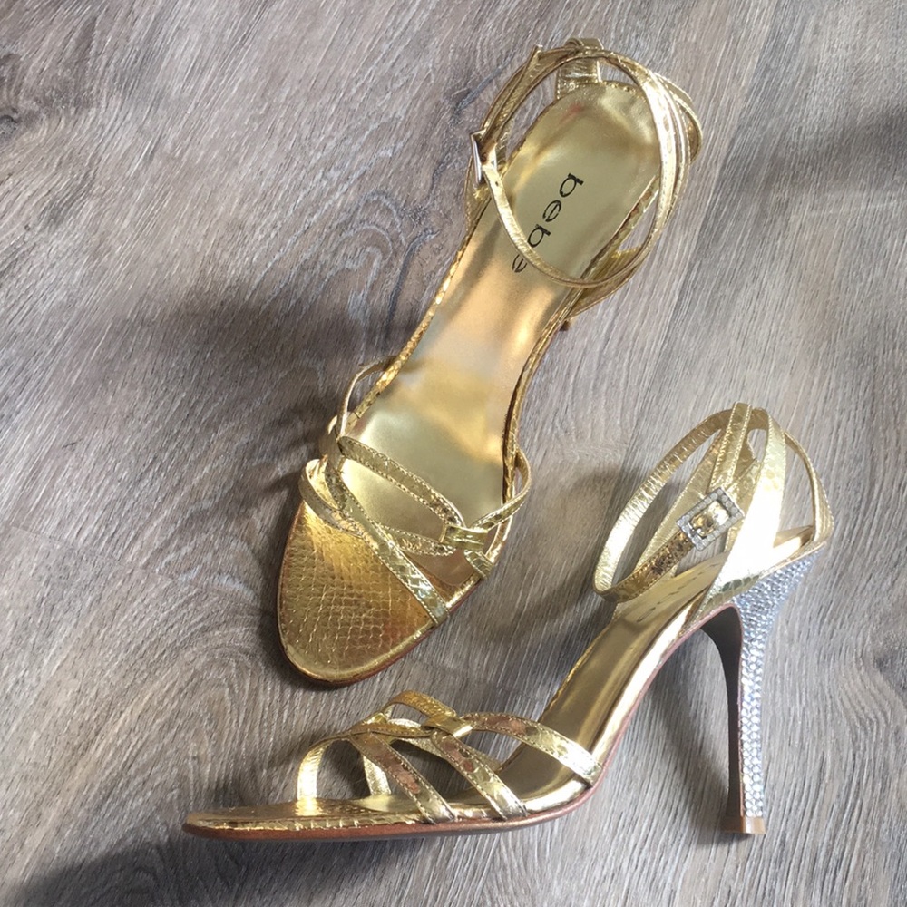 Bebe Gold Rhinestone Evening Heels sz 8